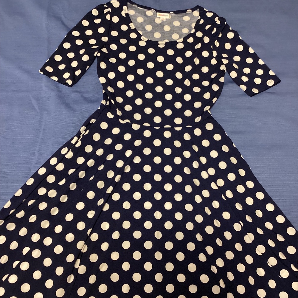 Lularoe dark navy and white polka dot dress, size M, EUC
